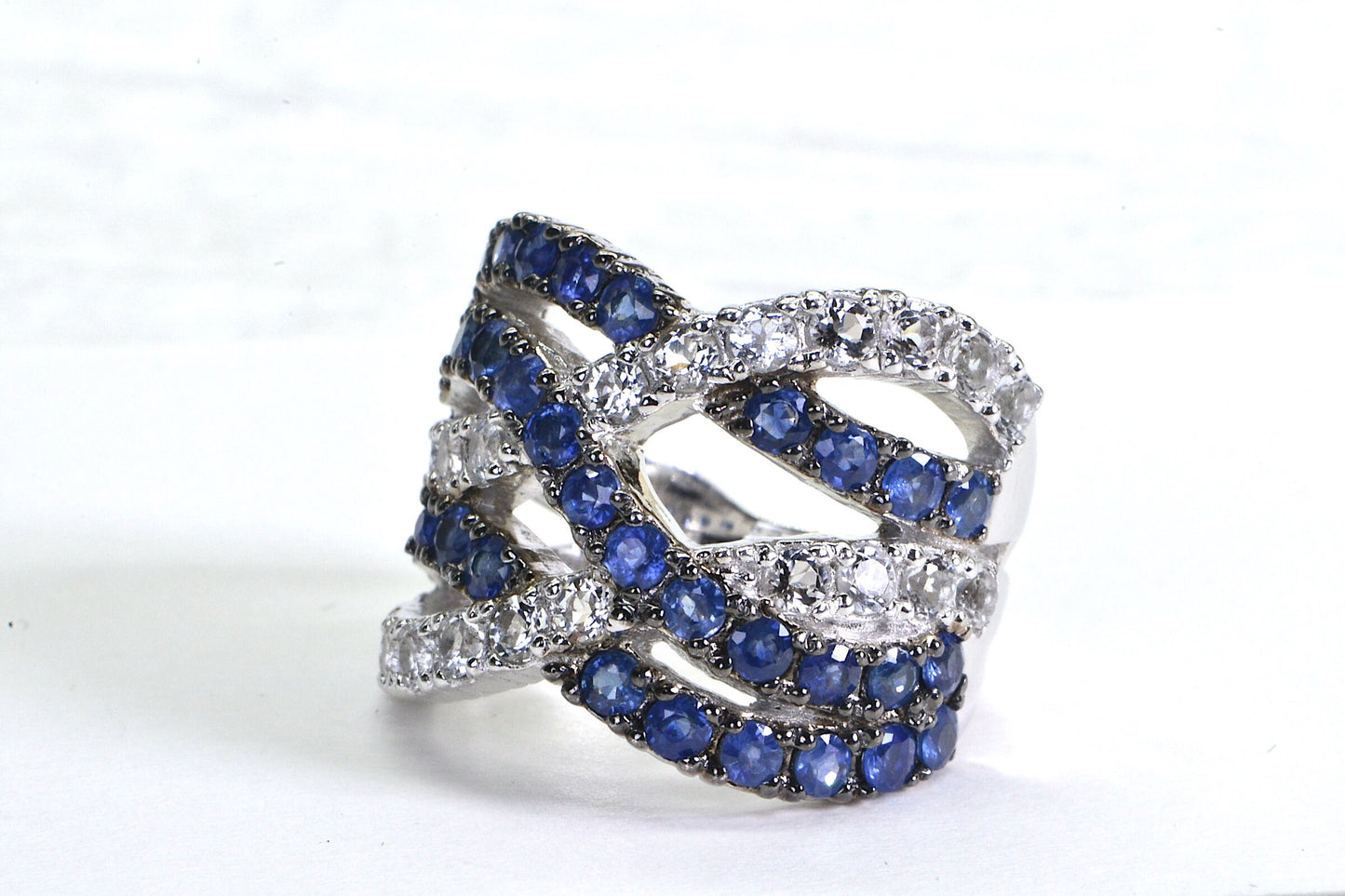 Sapphire Crossover Ring: Sterling Silver Wide Band with White Topaz