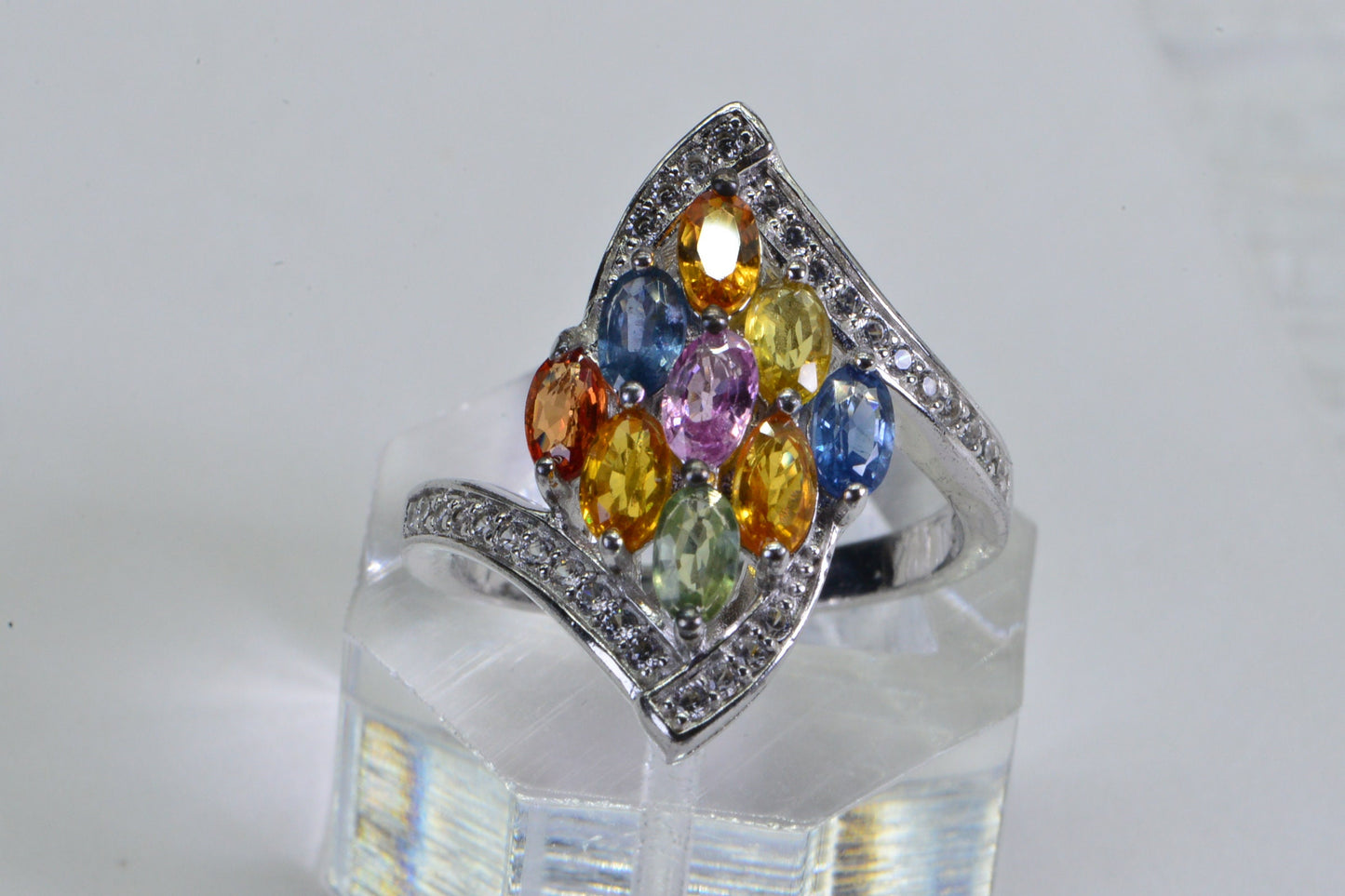 Multi Color Sapphire Ring: Sterling Silver Marquise Statement Ring