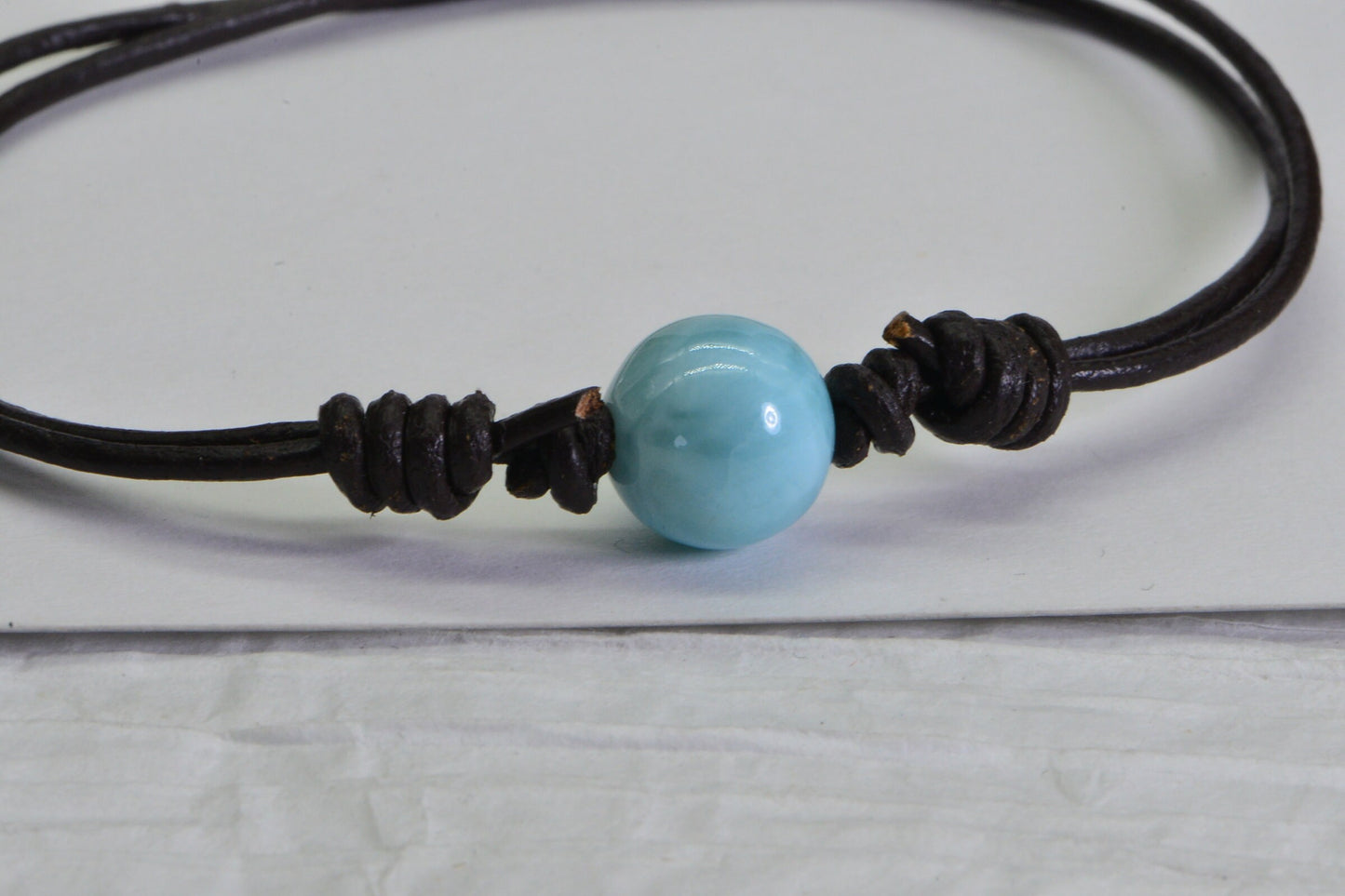 Larimar Bead Bracelet: Genuine Gemstone on Leather Cord