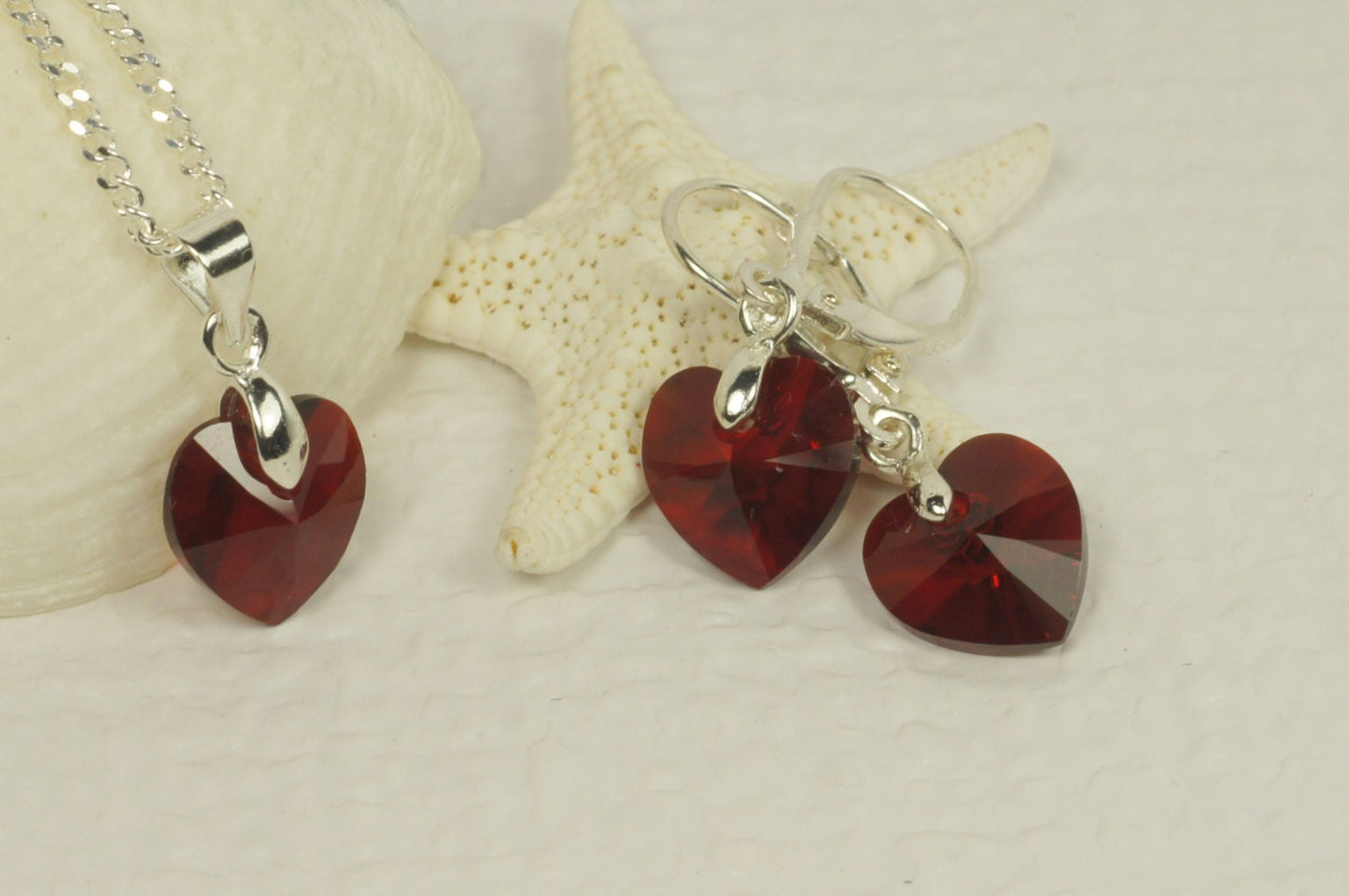 Red Swarovski Crystal Heart Jewelry Set, Sterling Silver