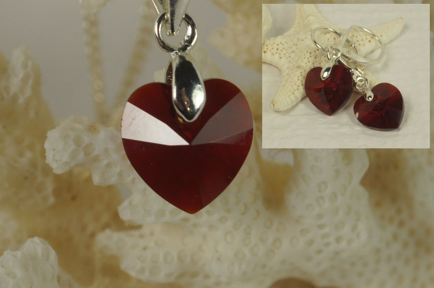 Red Swarovski Crystal Heart Jewelry Set, Sterling Silver