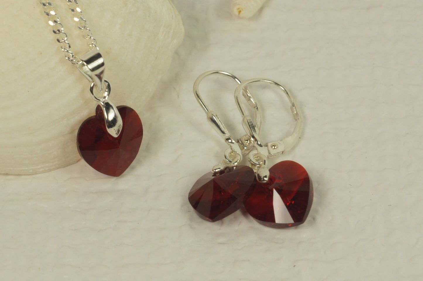 Red Swarovski Crystal Heart Jewelry Set, Sterling Silver