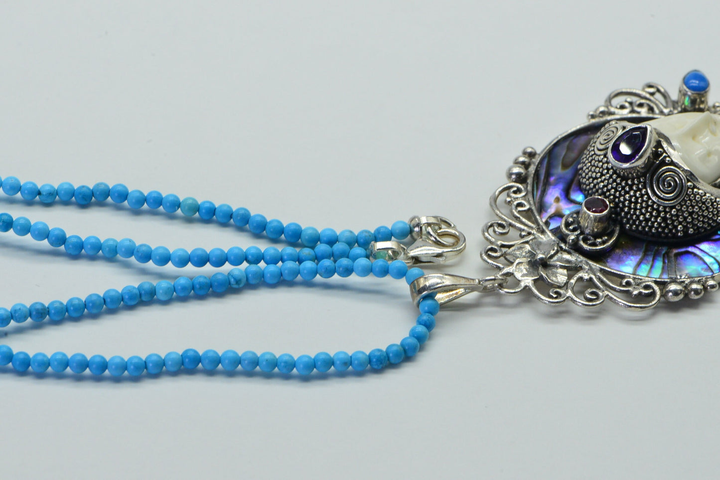 Sterling Silver Moon Face Cameo Necklace: Abalone, Turquoise, Sleeping Beauty Beads
