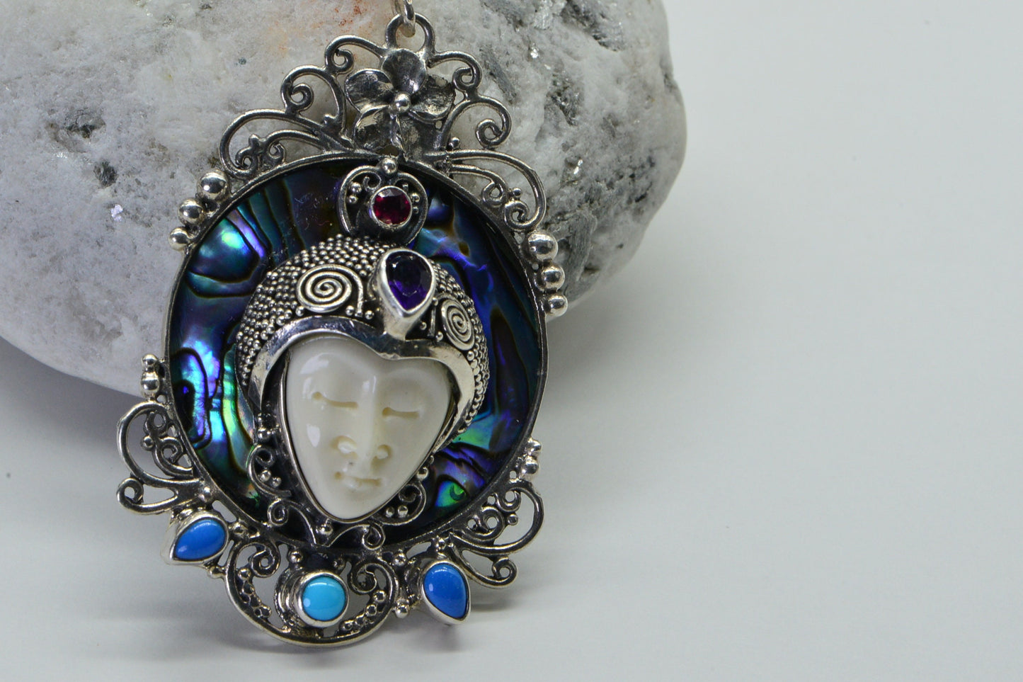 Sterling Silver Moon Face Cameo Necklace: Abalone, Turquoise, Sleeping Beauty Beads