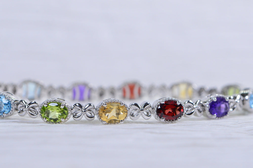 Multi Gemstone Tennis Bracelet: Garnet, Topaz, Citrine, Peridot, Sterling Silver