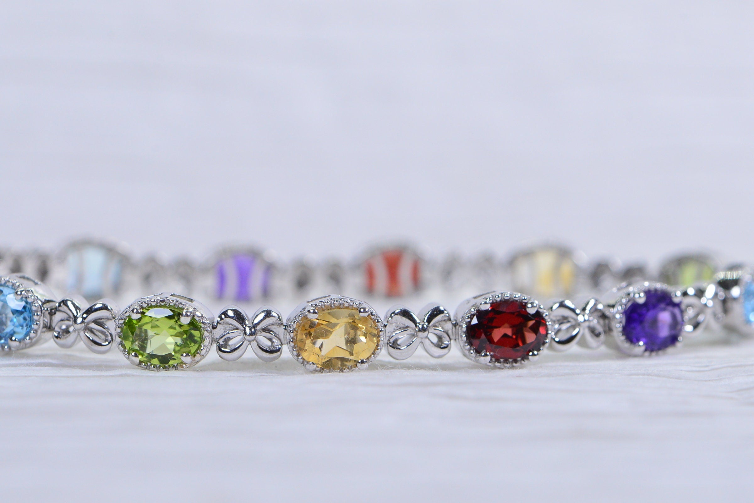 Multi Gemstone Tennis Bracelet: Garnet, Topaz, Citrine, Peridot, Sterling Silver