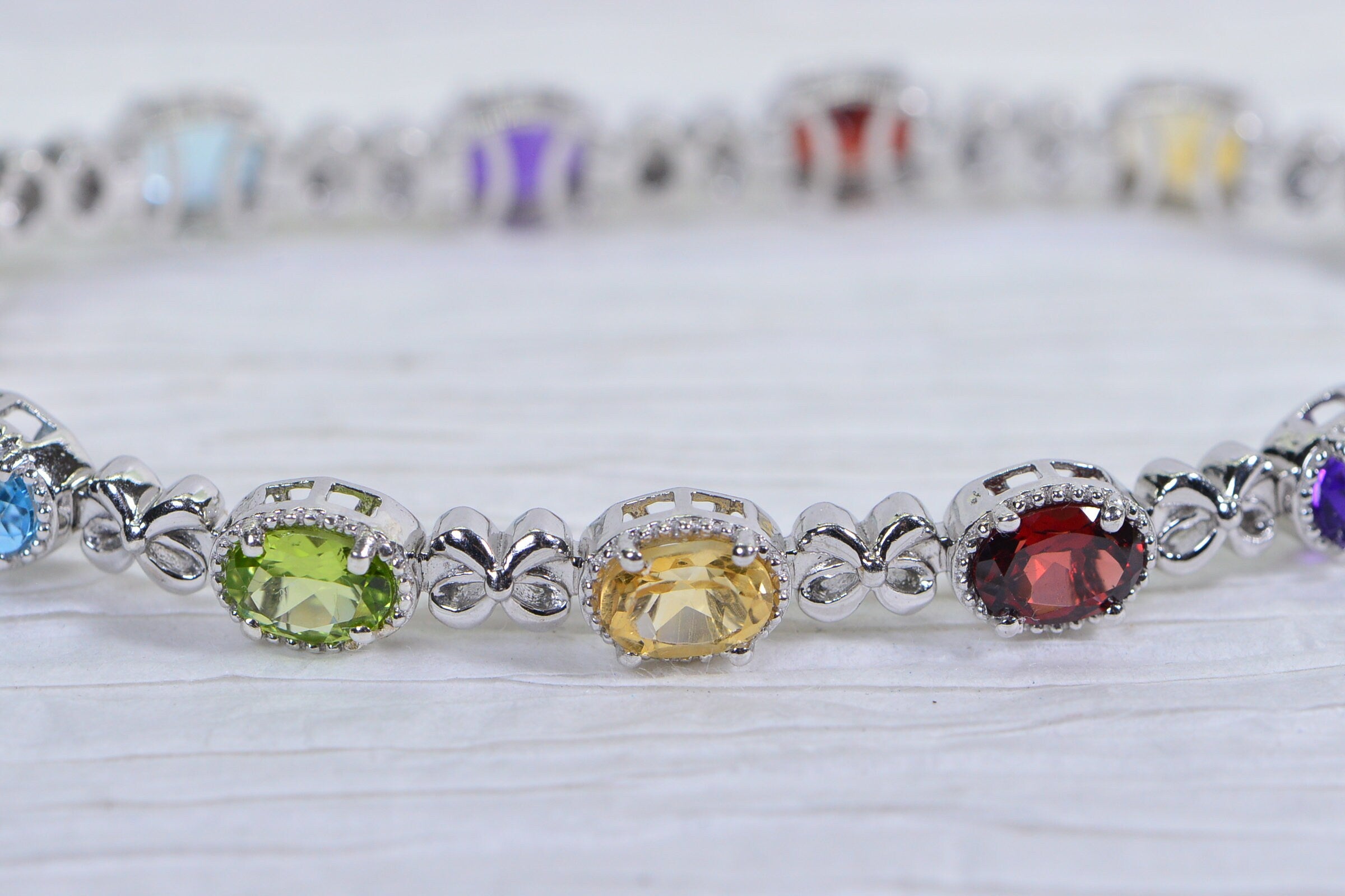 Multi Gemstone Tennis Bracelet: Garnet, Topaz, Citrine, Peridot, Sterling Silver