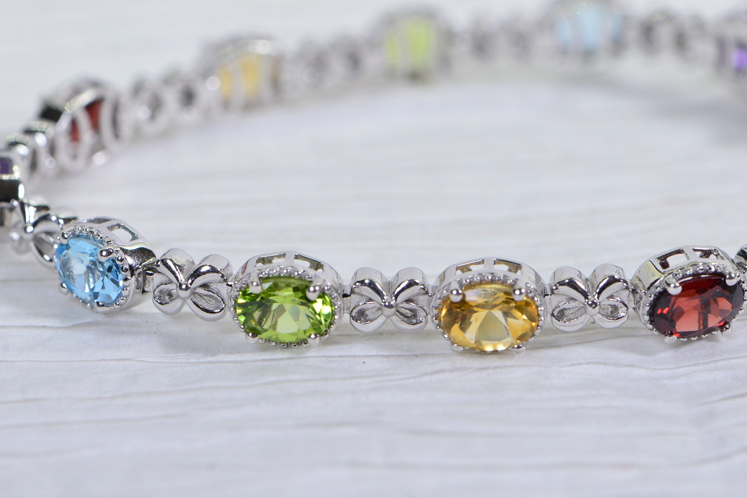 Multi Gemstone Tennis Bracelet: Garnet, Topaz, Citrine, Peridot, Sterling Silver