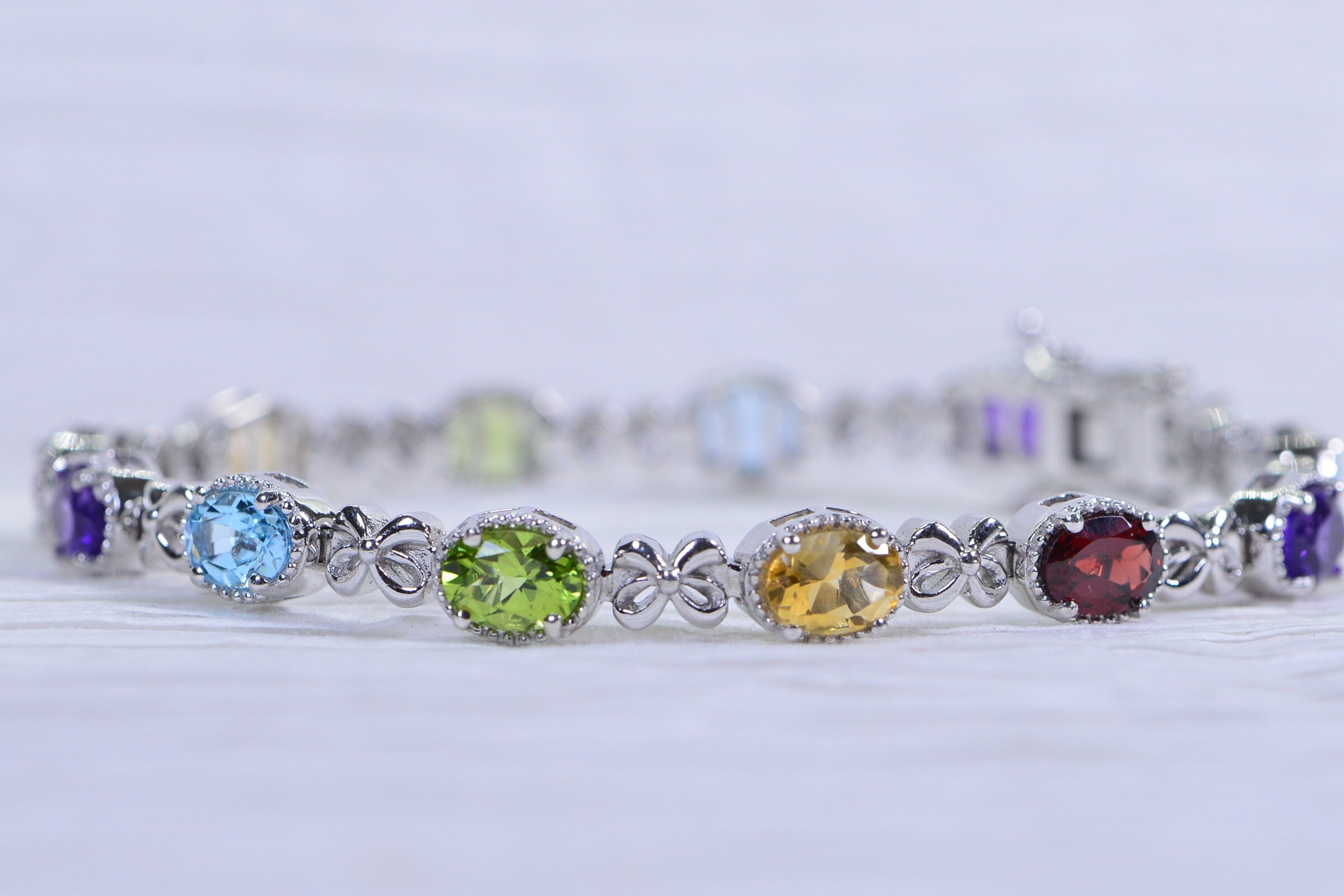 Multi Gemstone Tennis Bracelet: Garnet, Topaz, Citrine, Peridot, Sterling Silver