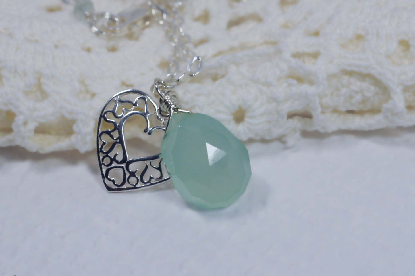 Chalcedony Natural Gemstone Pendant Silver Jewelry Heart Filigree Pendant Mothers Day Gift