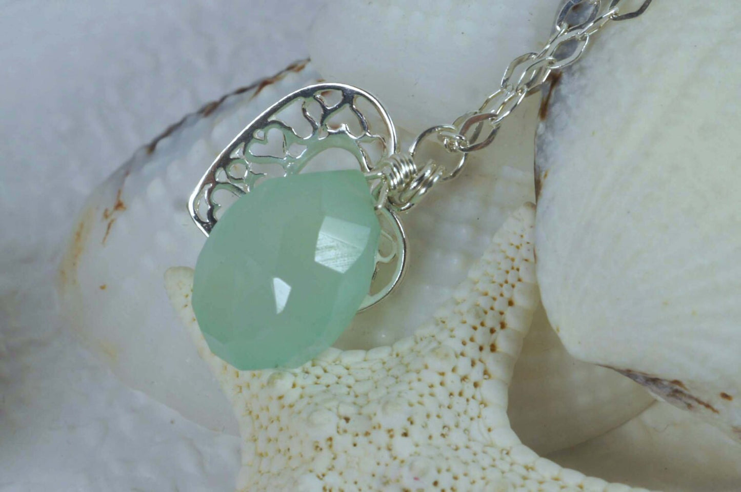 Chalcedony Natural Gemstone Pendant Silver Jewelry Heart Filigree Pendant Mothers Day Gift