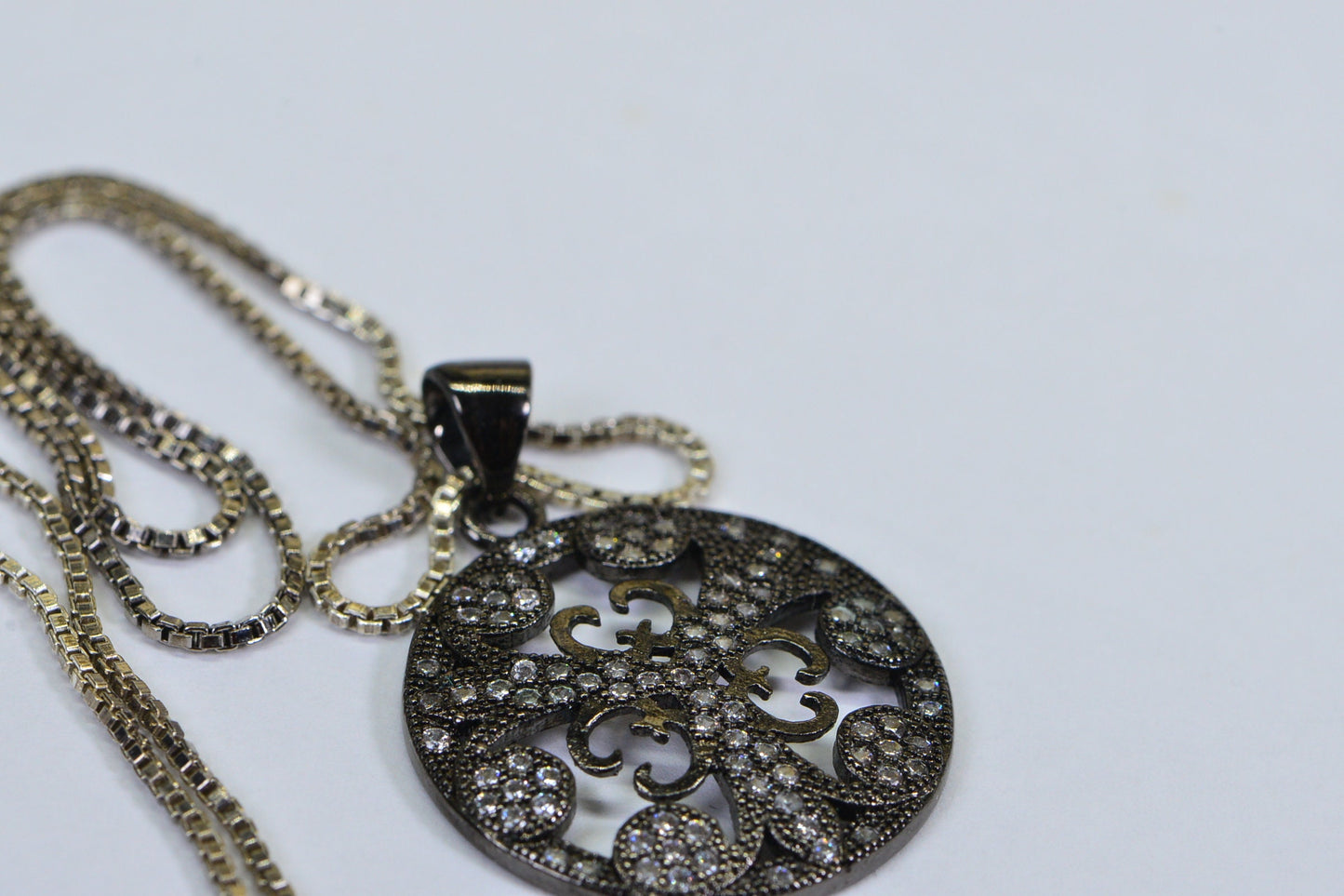 Black Rhodium Sterling Silver Filigree Flower Pendant Necklace
