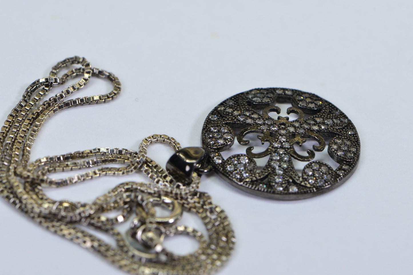 Black Rhodium Sterling Silver Filigree Flower Pendant Necklace