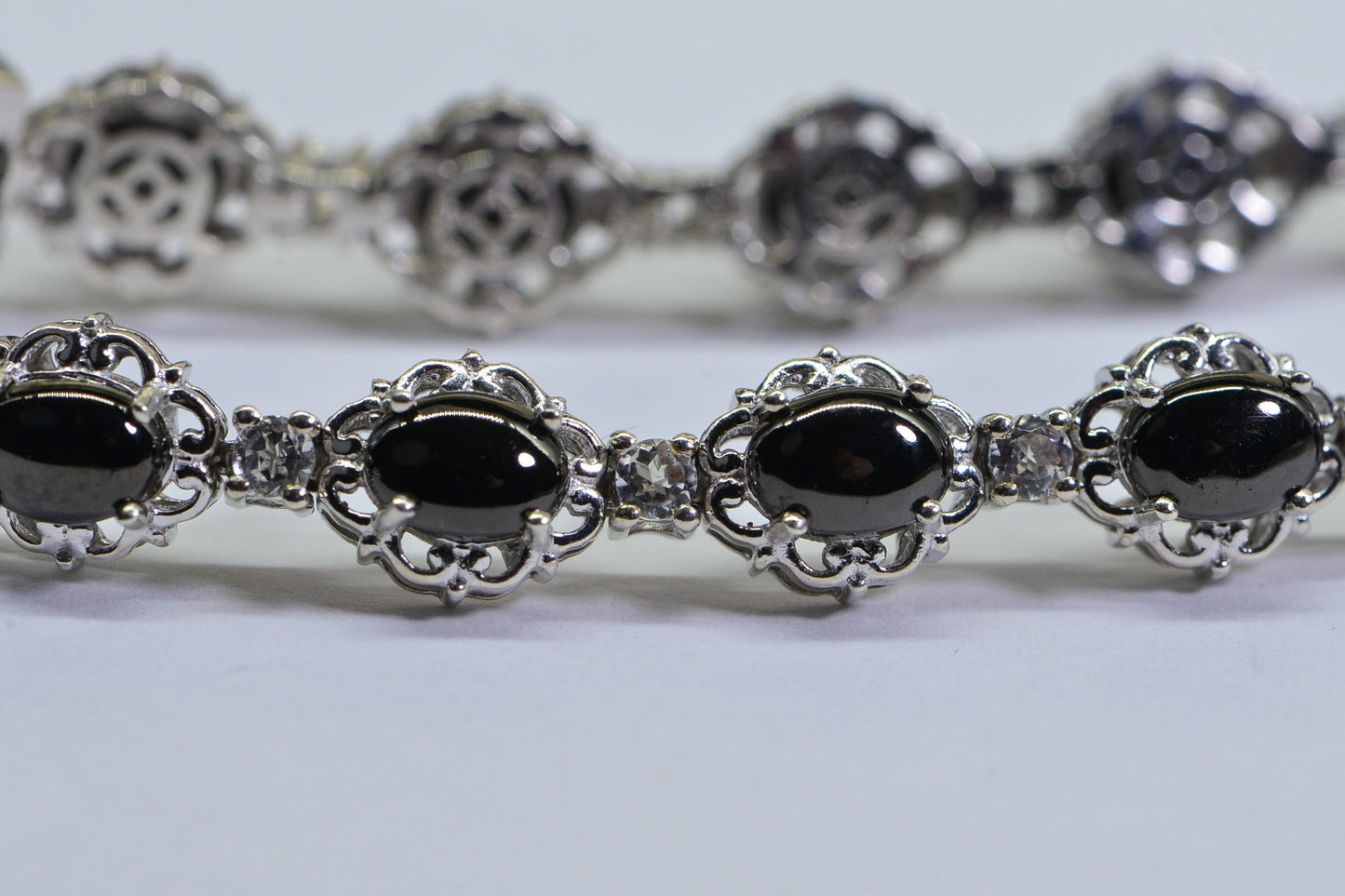 Black Spinel Tennis Bracelet, Simulated Diamond, Platinum Over Sterling Silver