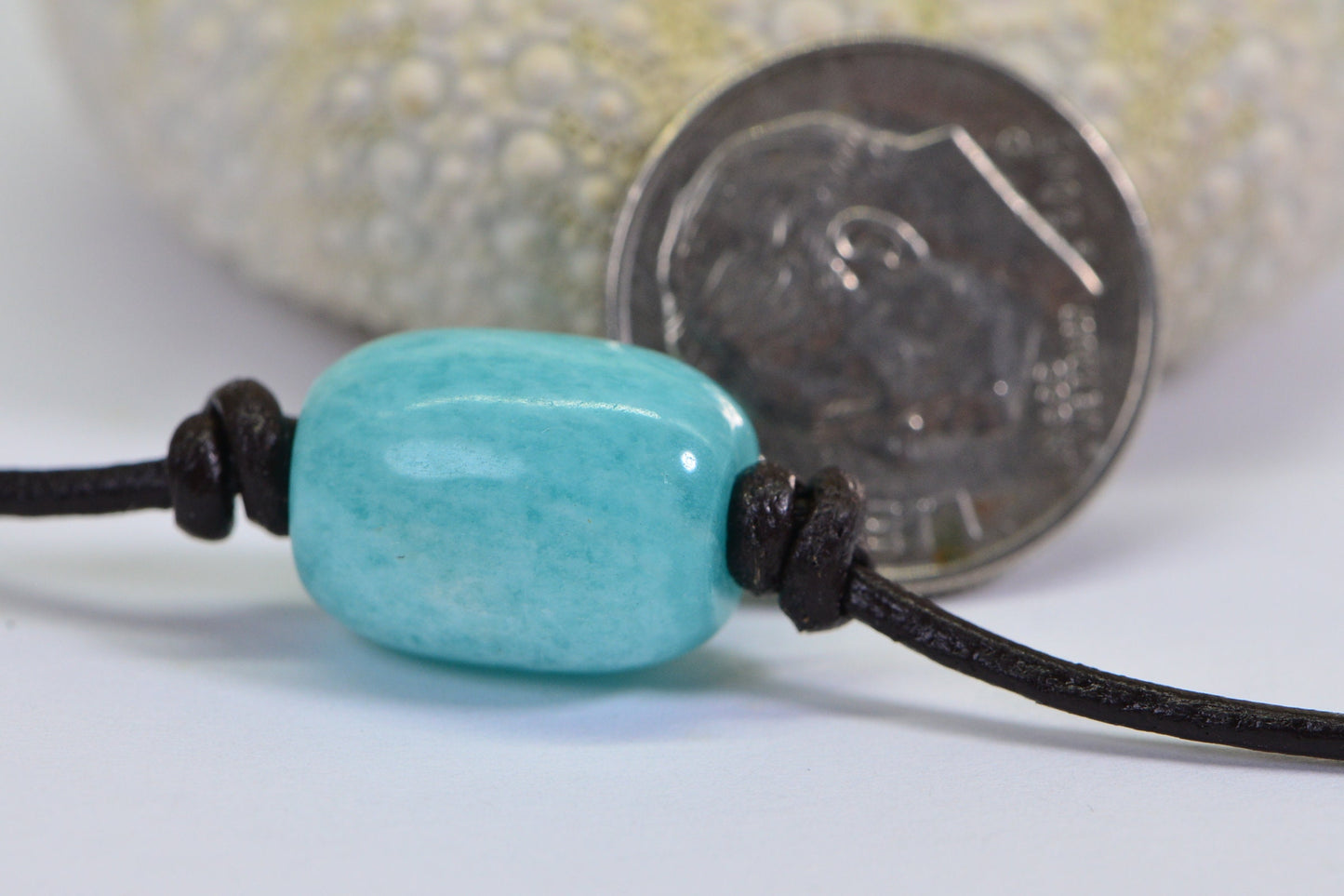 Peruvian Amazonite Necklace: Single Stone Leather Choker