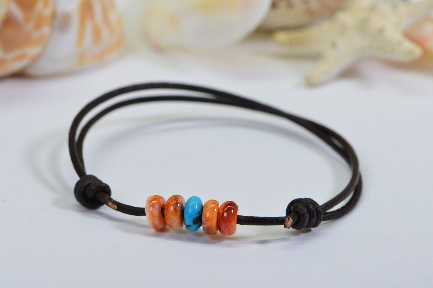 Turquoise Beaded Leather Cord Bracelet: Adjustable Friendship Jewelry