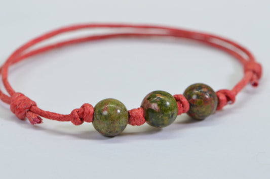Unakite Gemstone Bracelet: Organic Cotton Cord, Adjustable Knots