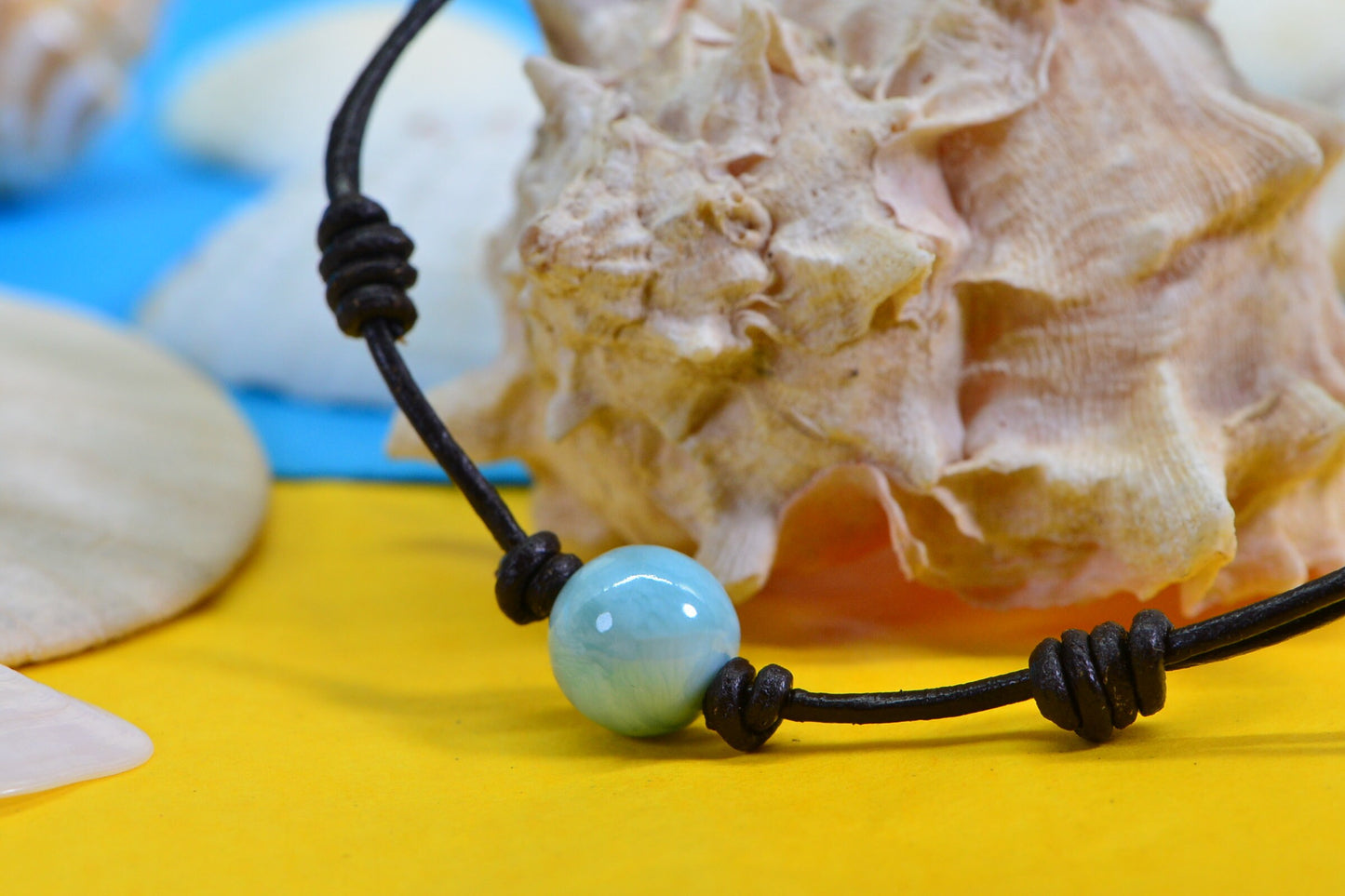 Larimar Bracelet: Brown Leather Adjustable Bohemian Gemstone