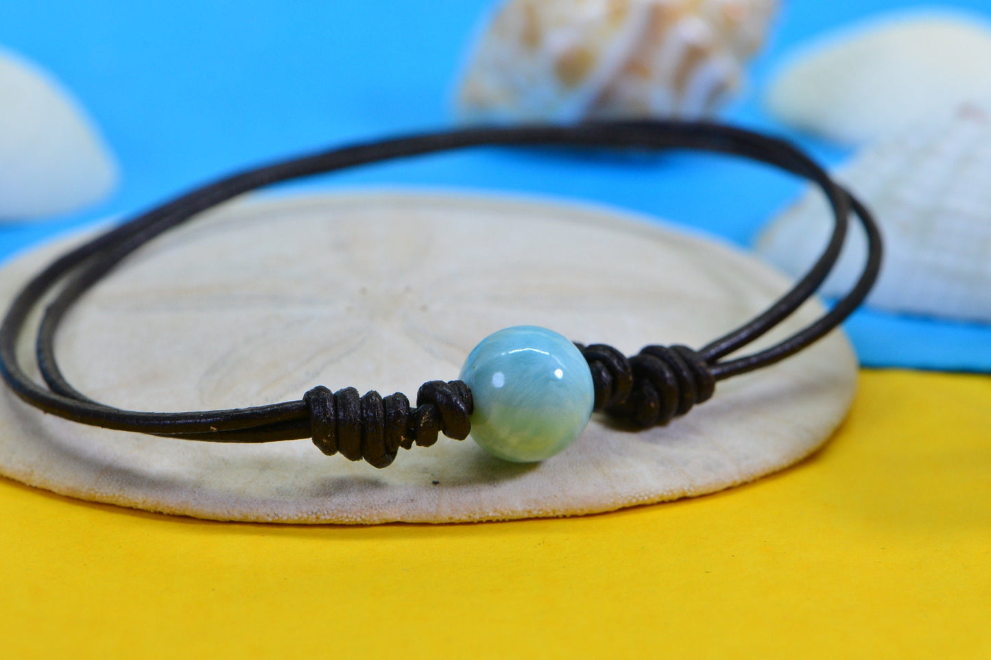 Larimar Bracelet: Brown Leather Adjustable Bohemian Gemstone