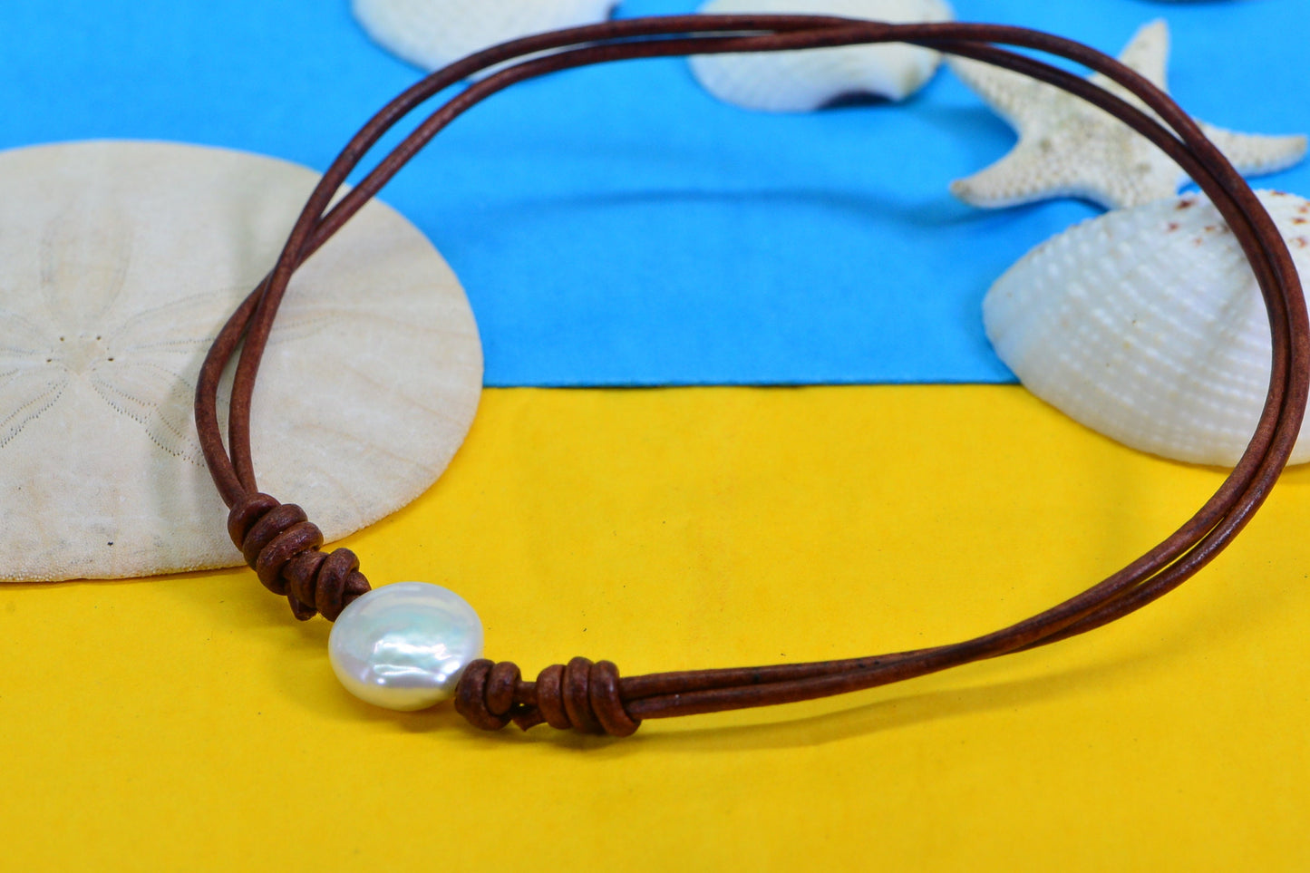 White Coin Pearl Necklace: Adjustable Leather Cord, Beach Style