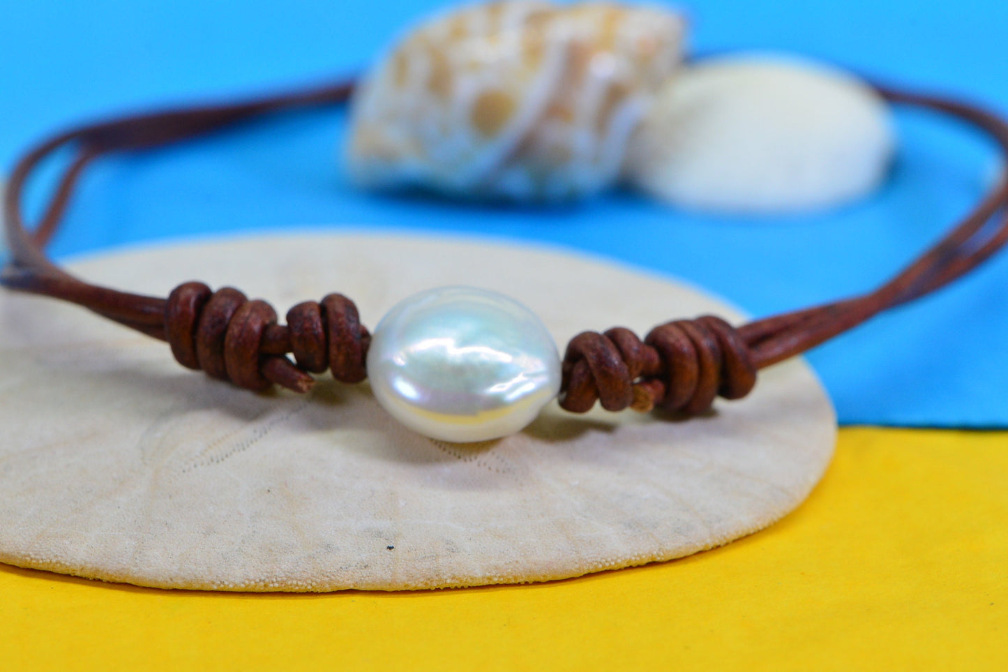 White Coin Pearl Necklace: Adjustable Leather Cord, Beach Style
