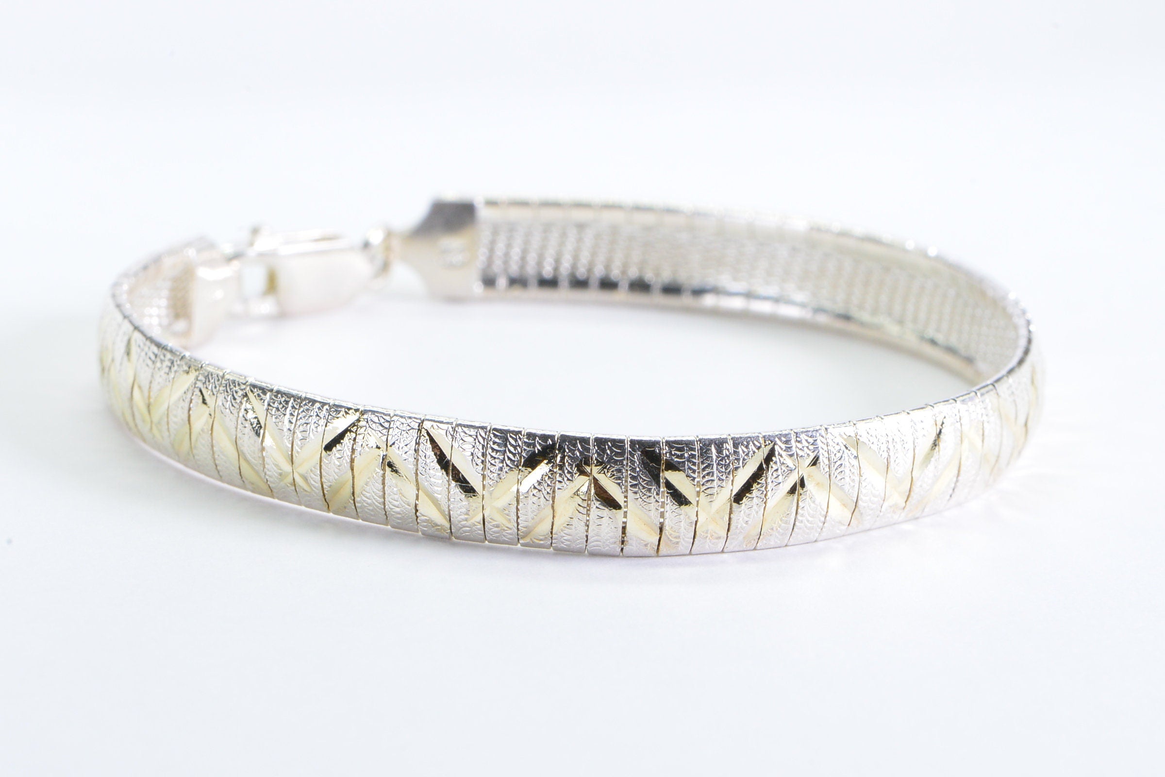 Vintage 14K Gold Plated Sterling Silver Herringbone Bracelet - Italy