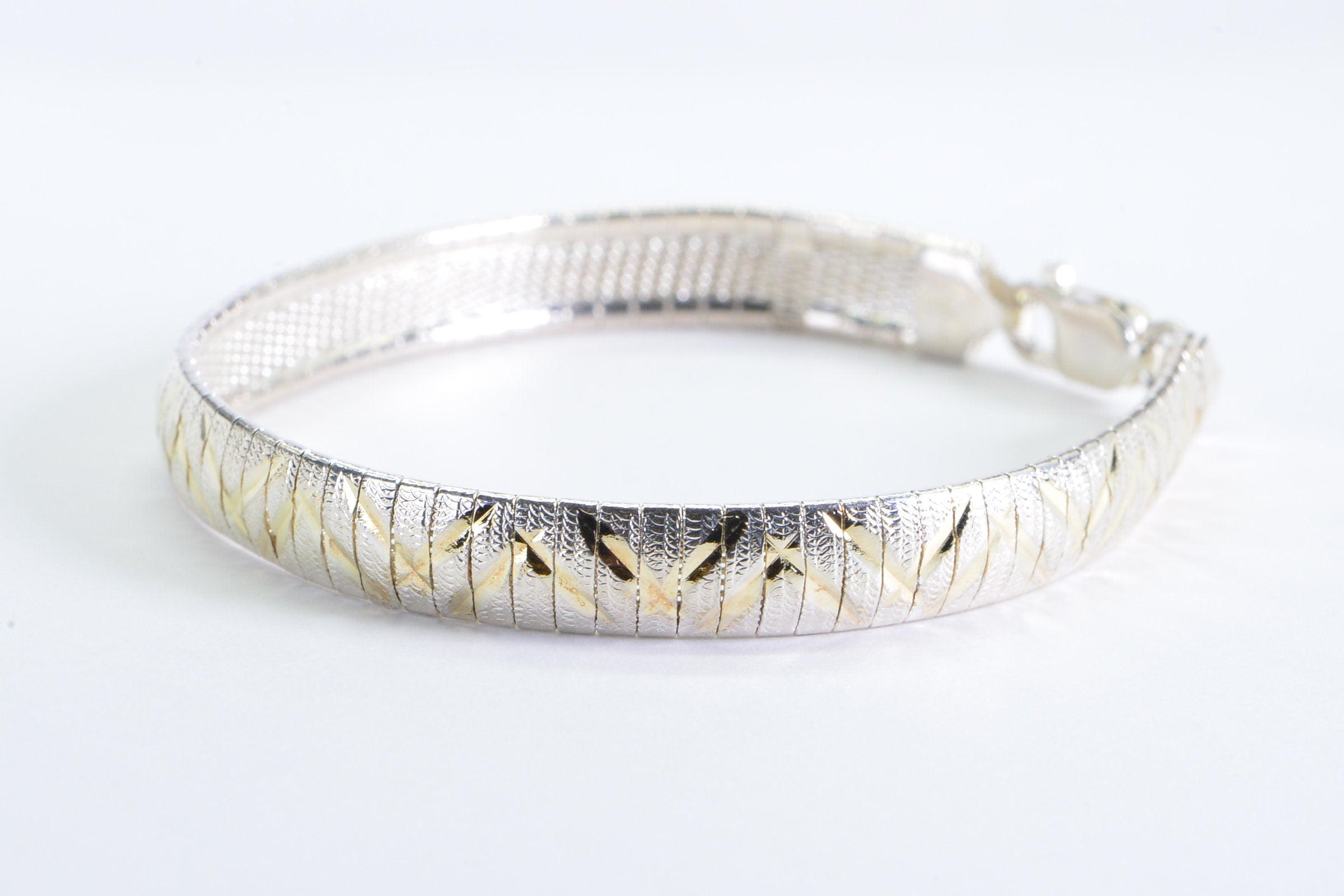 Vintage 14K Gold Plated Sterling Silver Herringbone Bracelet - Italy