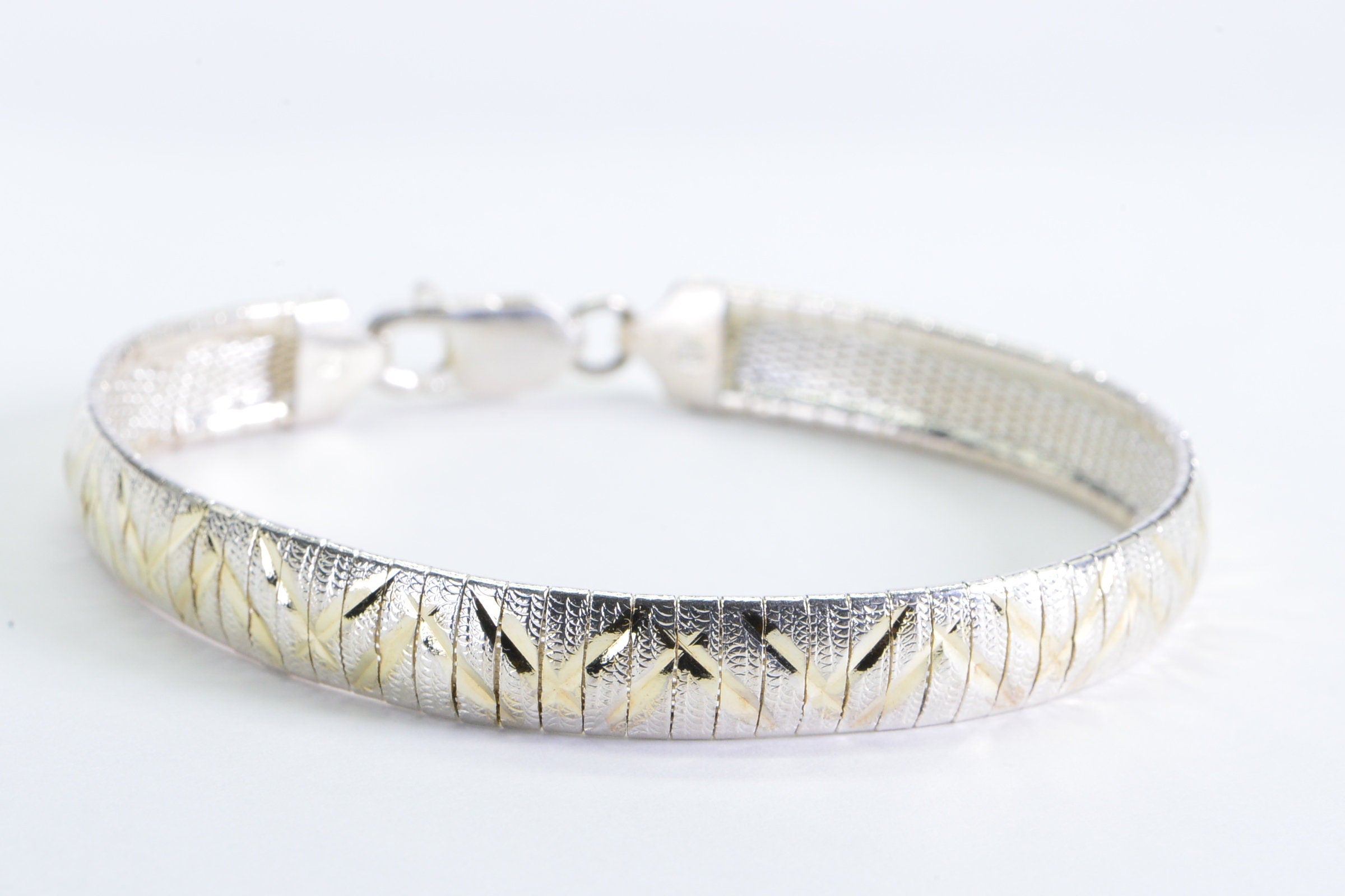 Vintage 14K Gold Plated Sterling Silver Herringbone Bracelet - Italy