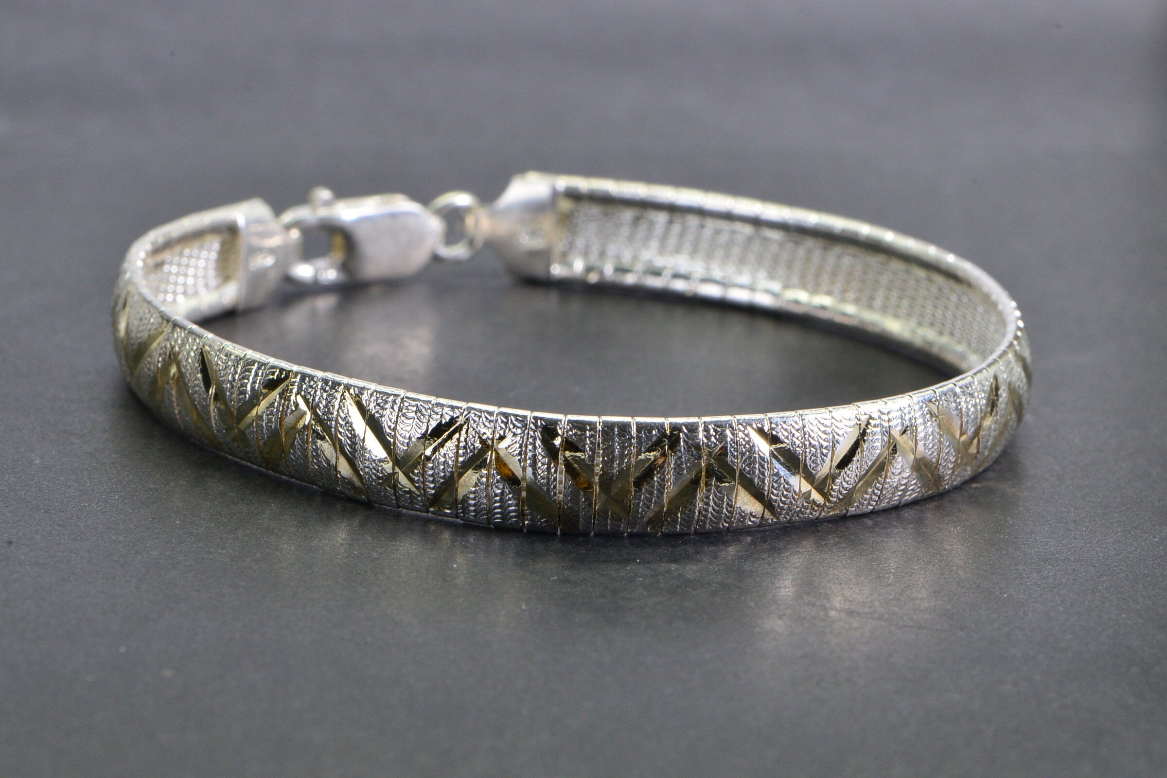 Vintage 14K Gold Plated Sterling Silver Herringbone Bracelet - Italy