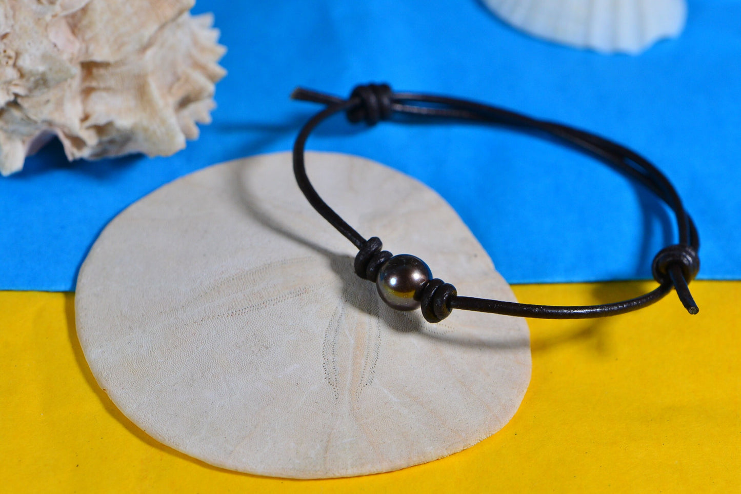 Chocolate Pearl Bracelet: Dark Brown Leather Cord, Adjustable Knot