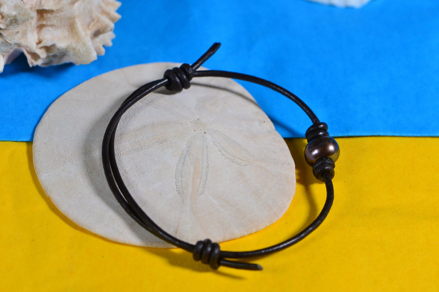 Chocolate Pearl Bracelet: Dark Brown Leather Cord, Adjustable Knot