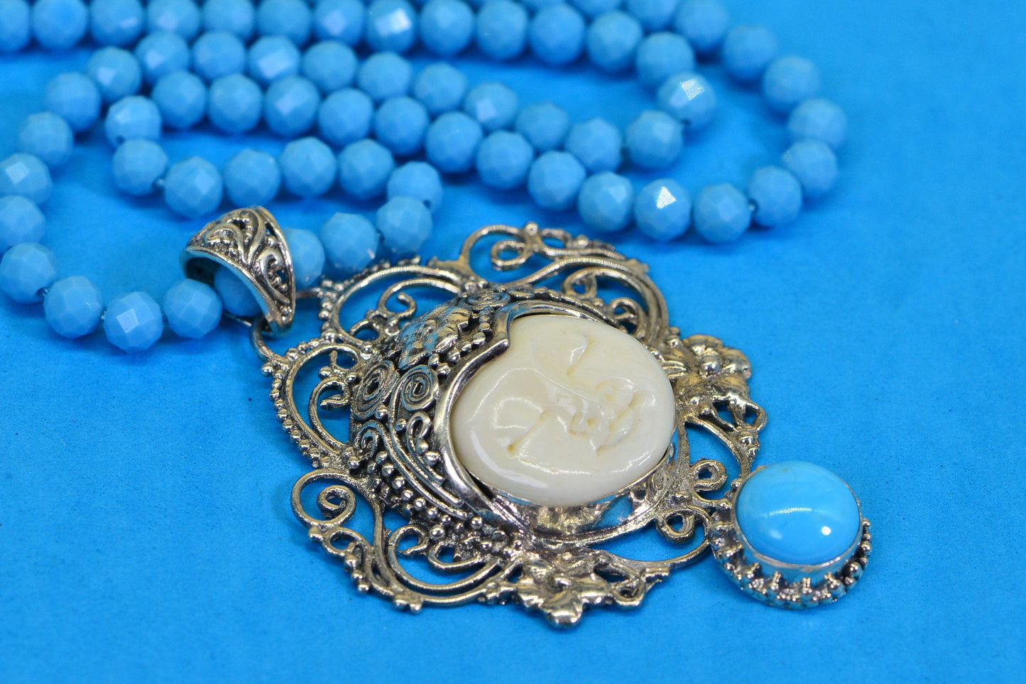 Bone Carved Cameo Moon Face Necklace: Sleeping Beauty Turquoise, Sterling Silver