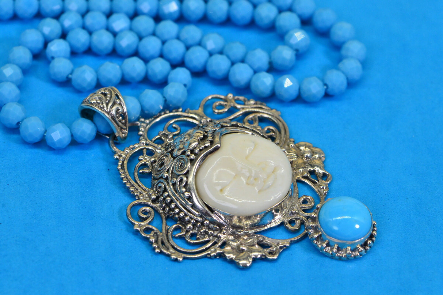 Bone Carved Cameo Moon Face Necklace: Sleeping Beauty Turquoise, Sterling Silver
