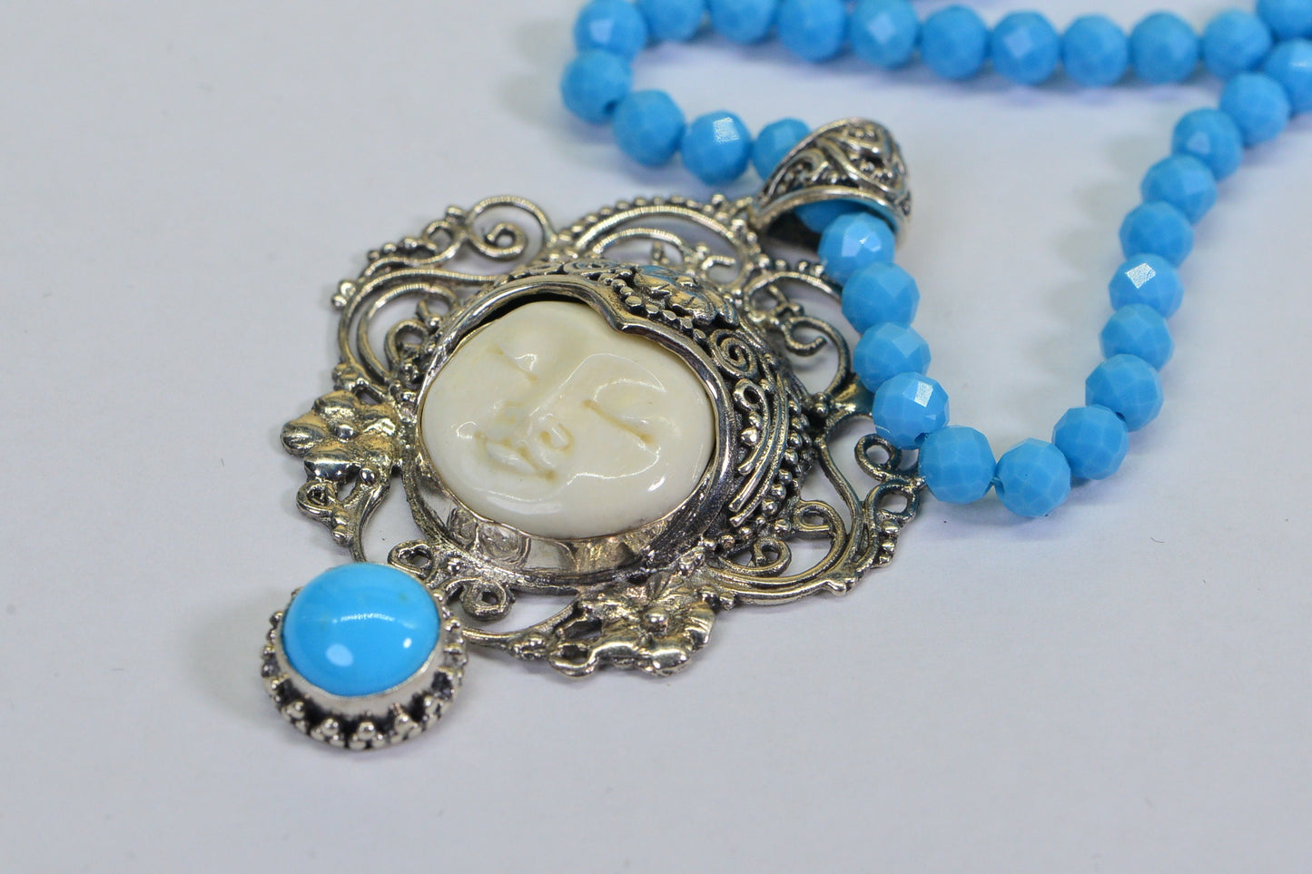 Bone Carved Cameo Moon Face Necklace: Sleeping Beauty Turquoise, Sterling Silver