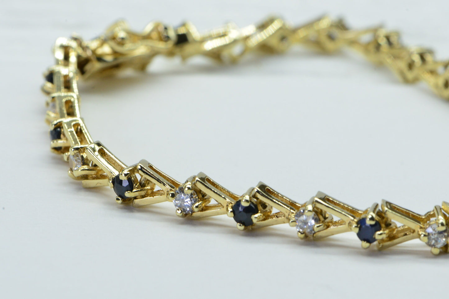 Sapphire and CZ Tennis Bracelet: 14K Gold Over Sterling Silver, 7.5 Inch