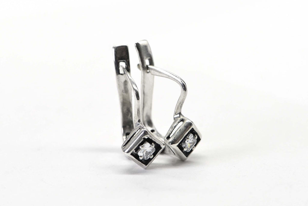 Vintage 1990 Sterling Silver Princes Cut Diamond  Hinge Back Diamond Style Earrings