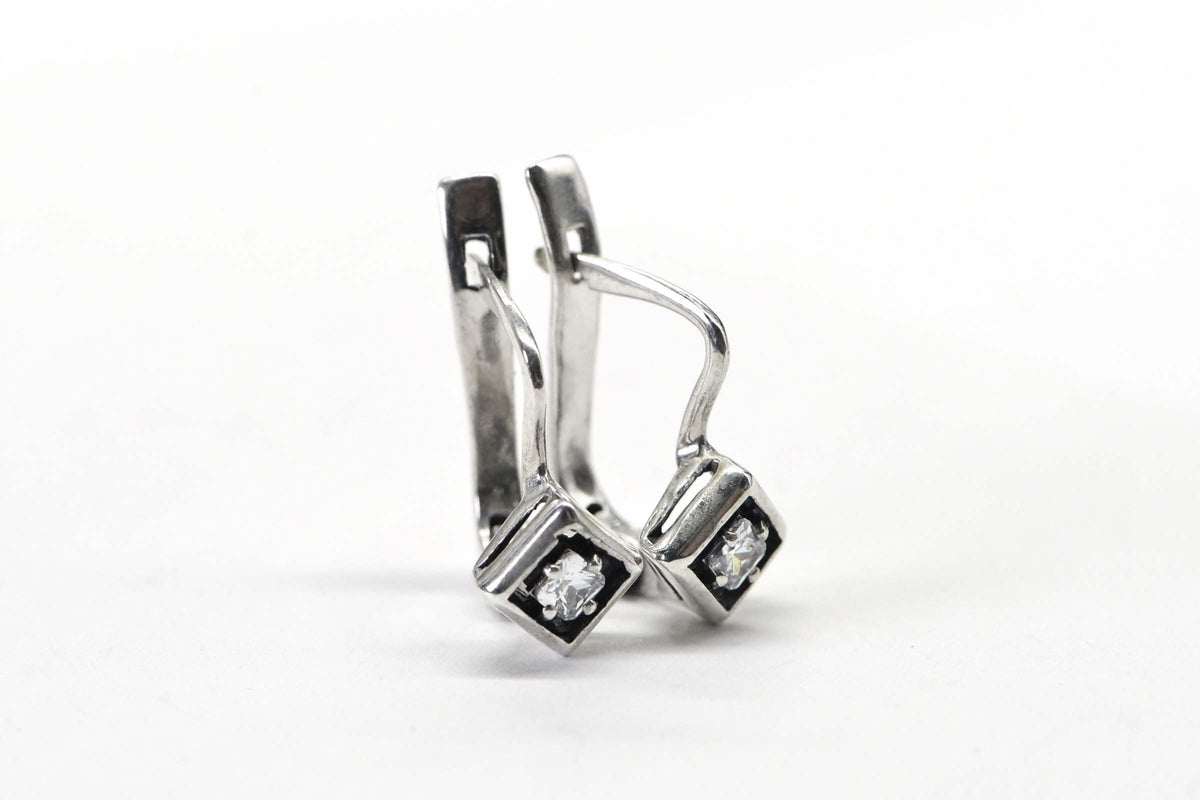 Vintage 1990 Sterling Silver Princes Cut Diamond  Hinge Back Diamond Style Earrings