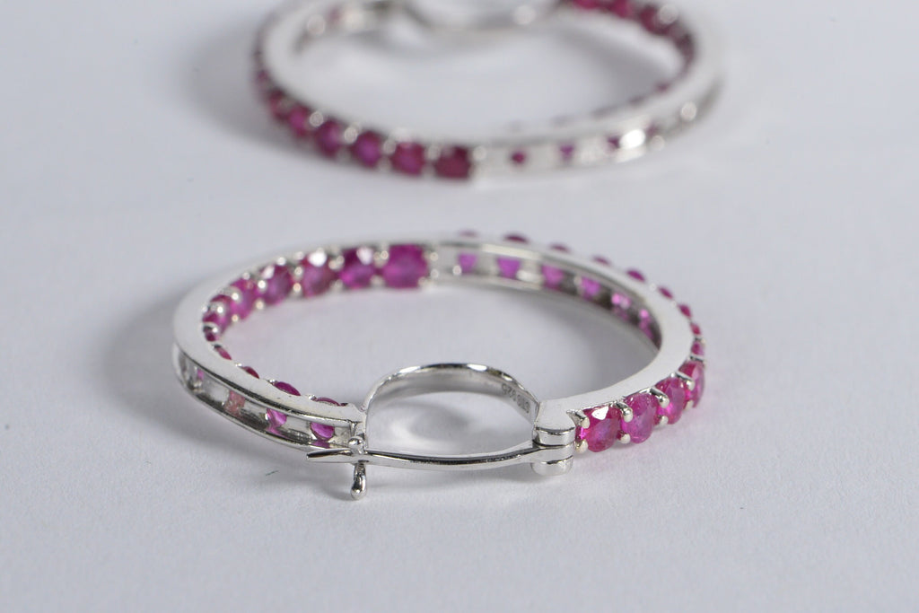 Ruby Hoop Earrings: Sterling Silver Raspberry Red July Birthstone
