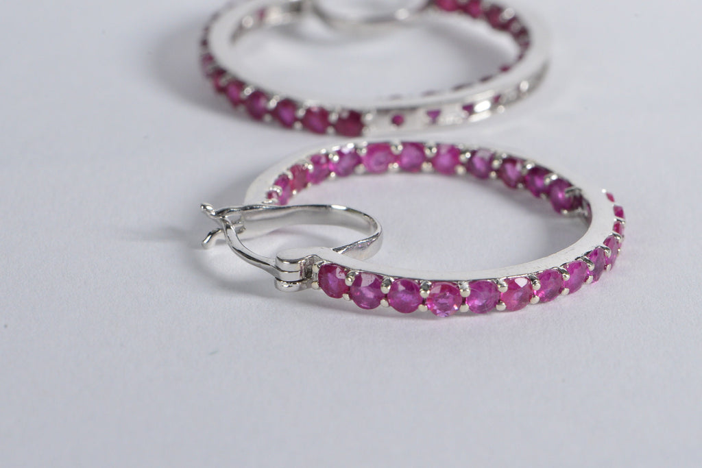 Ruby Hoop Earrings: Sterling Silver Raspberry Red July Birthstone