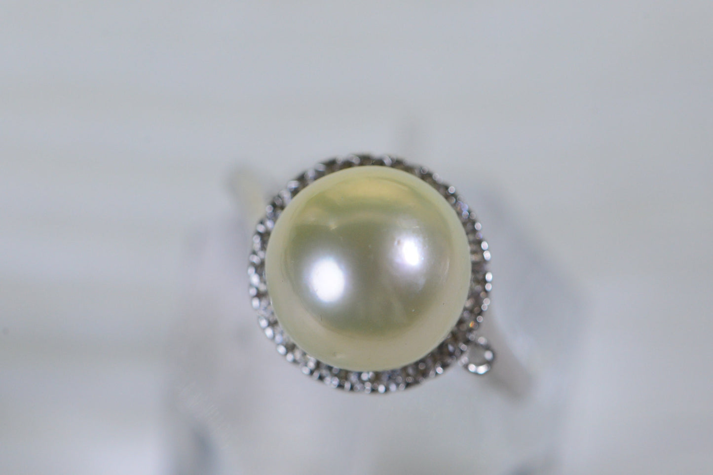 South Sea Pearl Ring: 14K White Gold Over Sterling Silver, Halo Diamond Style, 11.5mm