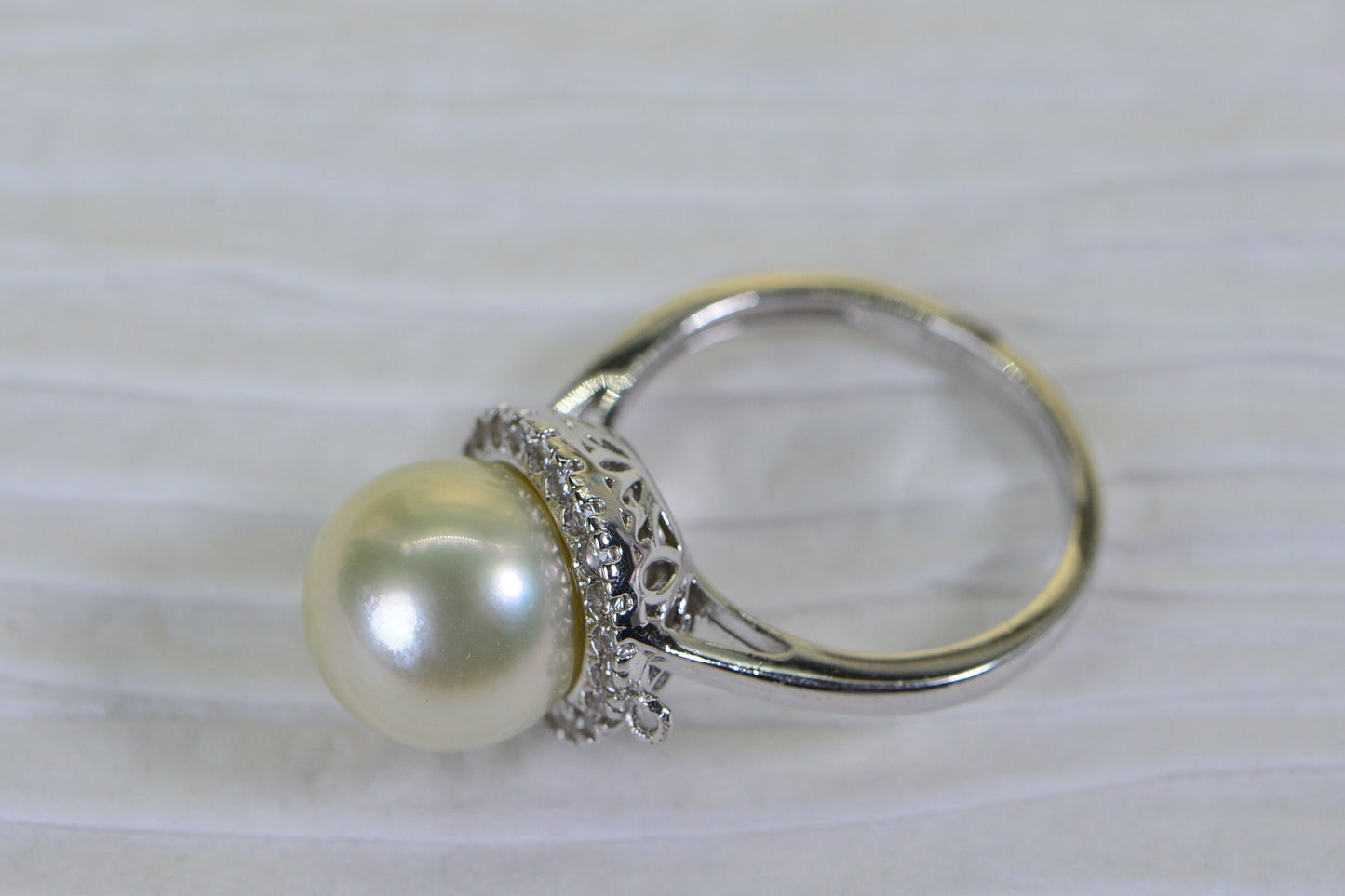South Sea Pearl Ring: 14K White Gold Over Sterling Silver, Halo Diamond Style, 11.5mm