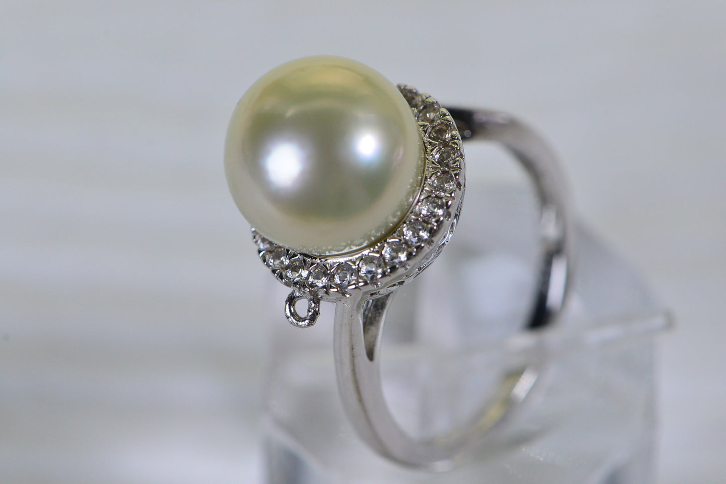 South Sea Pearl Ring: 14K White Gold Over Sterling Silver, Halo Diamond Style, 11.5mm