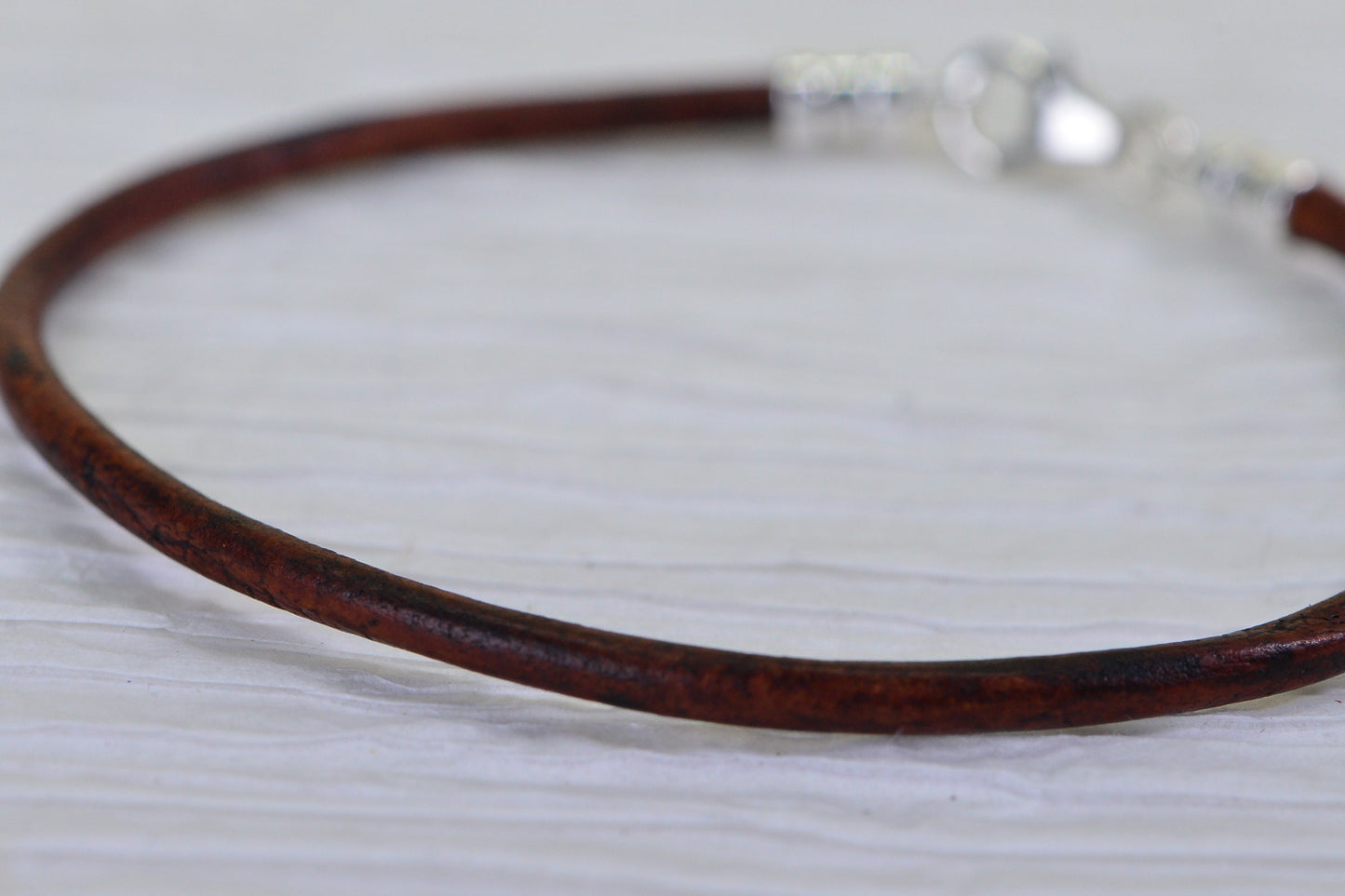 3mm Brown Leather Bracelet: Sterling Silver Clasp, Charm Cuff