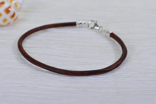3mm Brown Leather Bracelet: Sterling Silver Clasp, Charm Cuff