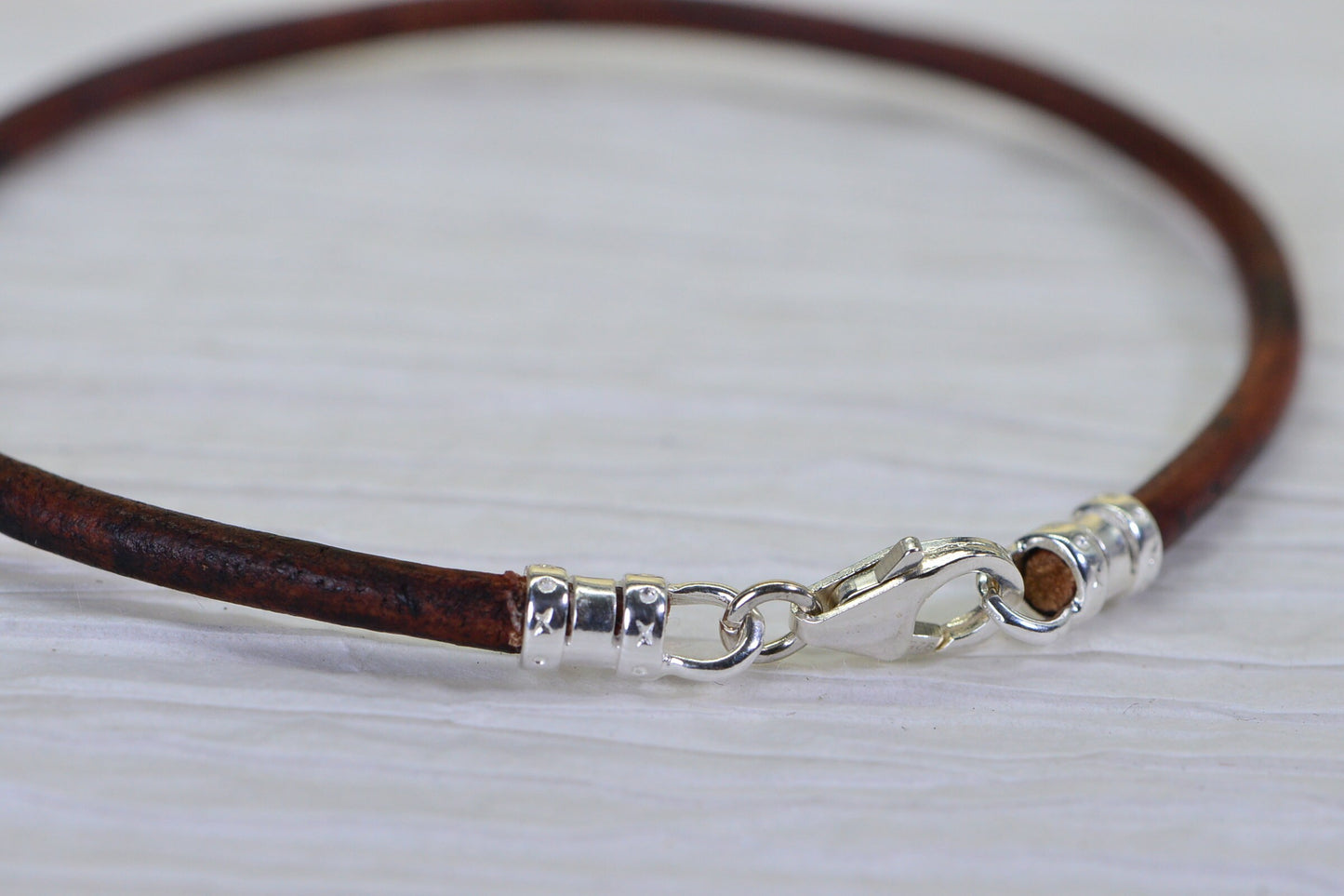 3mm Brown Leather Bracelet: Sterling Silver Clasp, Charm Cuff