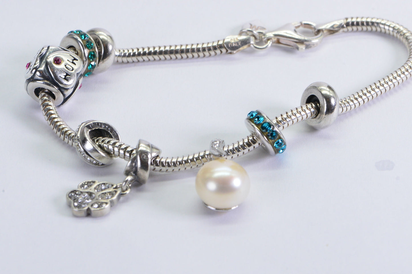 Sterling Silver Charm Bracelet: Pearl, Rhinestone 'Mom' Bead