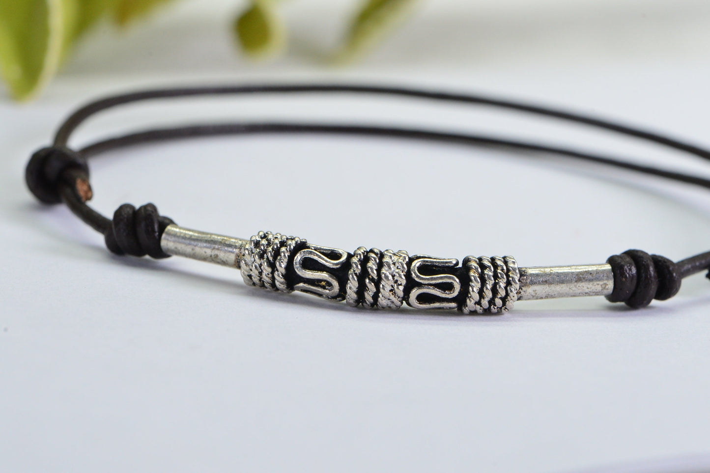 Sterling Silver Tube Bead Bracelet: Brown Leather Cord Sliding Knot