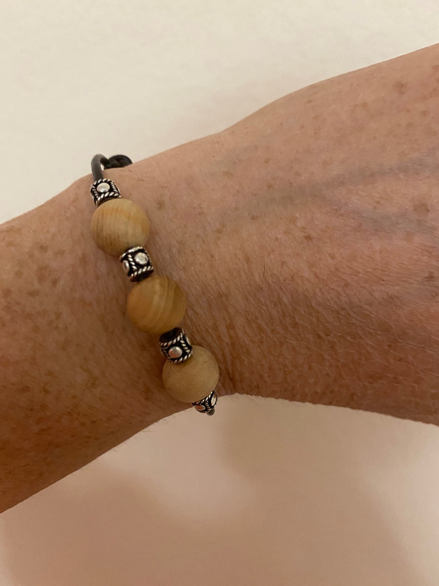Sandalwood Bead Bracelet: Leather Cord, Sterling Silver Accents