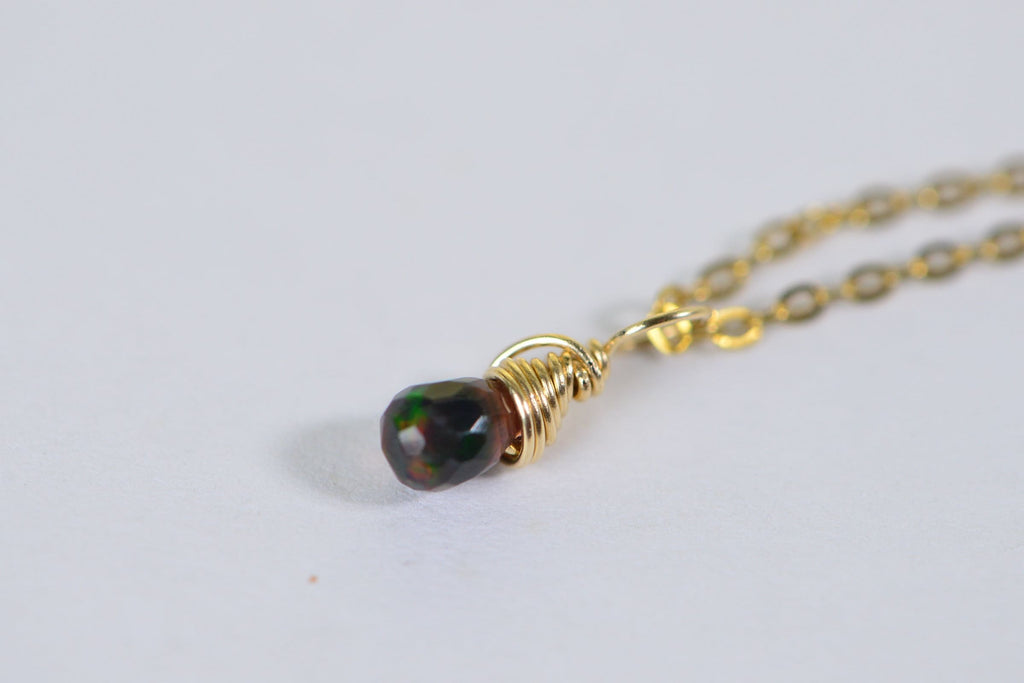 Ethiopian Black Opal Charm: 14K Gold Filled Wire Wrapped Pendant
