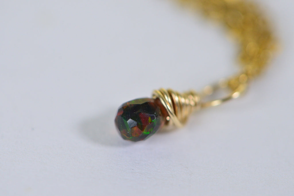 Ethiopian Black Opal Charm: 14K Gold Filled Wire Wrapped Pendant